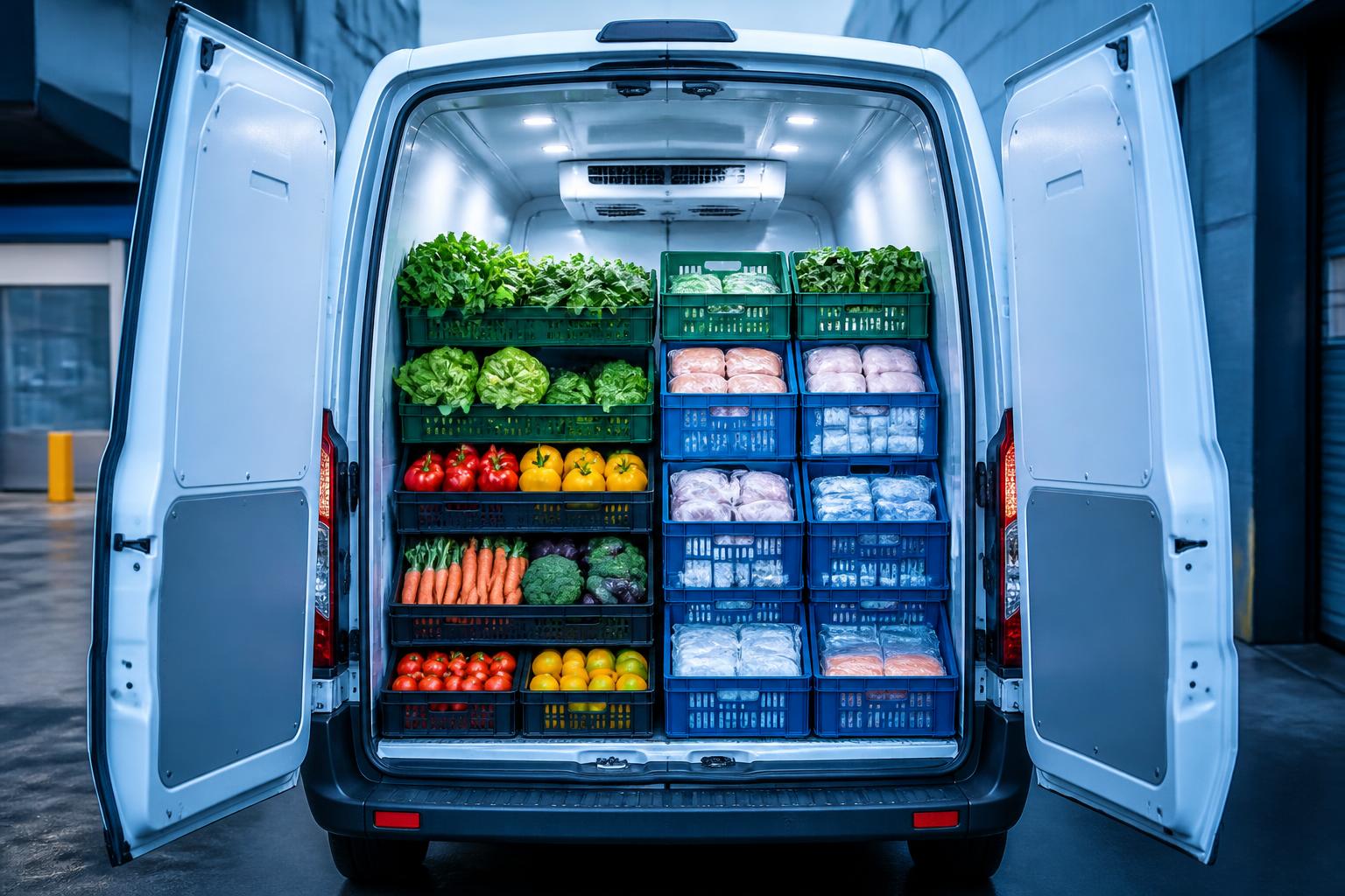 Vano di carico refrigerato caricato con casse di prodotti freschi e surgelati